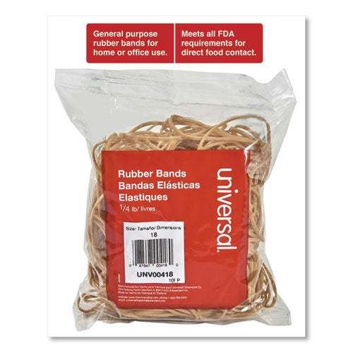 Universal® wholesale. UNIVERSAL® Rubber Bands, Size 18, 0.04" Gauge, Beige, 4 Oz Box, 400-pack. HSD Wholesale: Janitorial Supplies, Breakroom Supplies, Office Supplies.