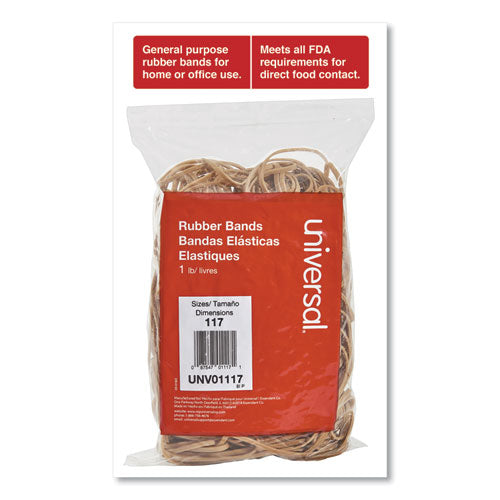 Universal® wholesale. UNIVERSAL® Rubber Bands, Size 117, 0.06" Gauge, Beige, 1 Lb Box, 210-pack. HSD Wholesale: Janitorial Supplies, Breakroom Supplies, Office Supplies.