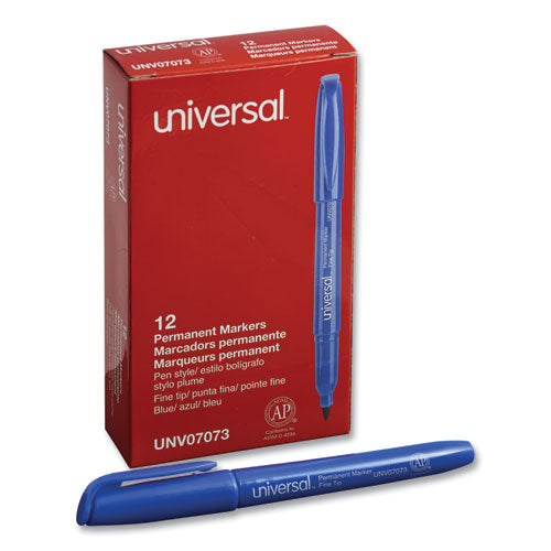 Universal™ wholesale. UNIVERSAL® Pen-style Permanent Marker, Fine Bullet Tip, Blue, Dozen. HSD Wholesale: Janitorial Supplies, Breakroom Supplies, Office Supplies.