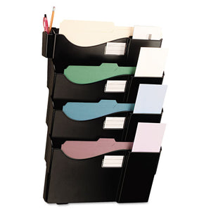 Universal® wholesale. UNIVERSAL® Grande Central Filing System, Four Pocket, Wall Mount, Plastic, Black. HSD Wholesale: Janitorial Supplies, Breakroom Supplies, Office Supplies.