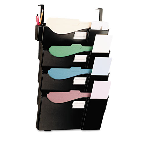 Universal® wholesale. UNIVERSAL® Grande Central Filing System, Four Pocket, Partition Mount, Plastic, Black. HSD Wholesale: Janitorial Supplies, Breakroom Supplies, Office Supplies.