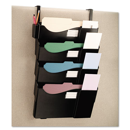 Universal® wholesale. UNIVERSAL® Grande Central Filing System, Four Pocket, Partition Mount, Plastic, Black. HSD Wholesale: Janitorial Supplies, Breakroom Supplies, Office Supplies.