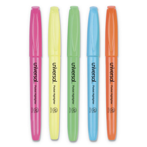 Universal™ wholesale. UNIVERSAL® Pocket Highlighters, Chisel Tip, Assorted Colors, 5-set. HSD Wholesale: Janitorial Supplies, Breakroom Supplies, Office Supplies.