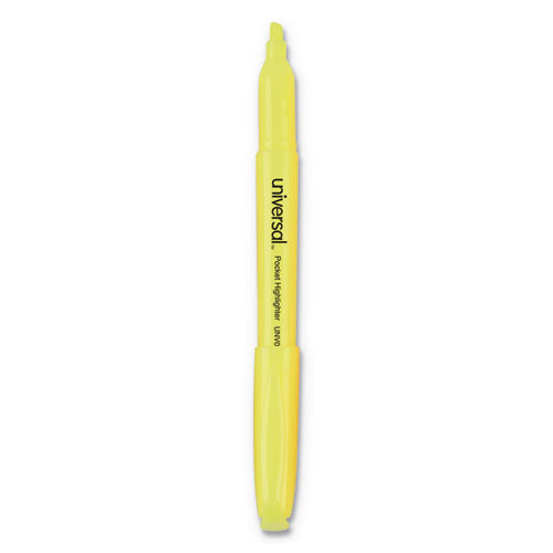 Universal™ wholesale. UNIVERSAL® Pocket Highlighters, Chisel Tip, Fluorescent Yellow, Dozen. HSD Wholesale: Janitorial Supplies, Breakroom Supplies, Office Supplies.