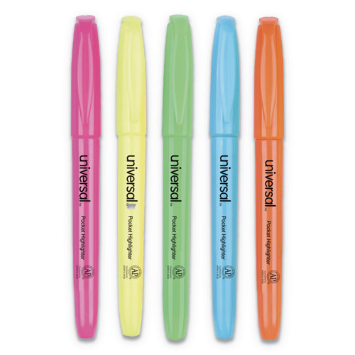 Universal™ wholesale. UNIVERSAL® Pocket Highlighters, Chisel Tip, Assorted Colors, Dozen. HSD Wholesale: Janitorial Supplies, Breakroom Supplies, Office Supplies.