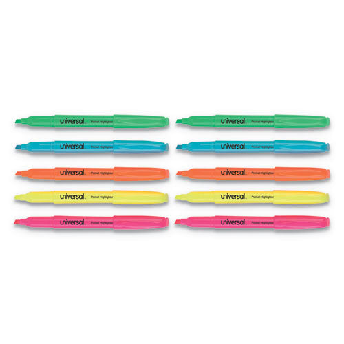 Universal™ wholesale. UNIVERSAL® Pocket Highlighters, Chisel Tip, Assorted Colors, Dozen. HSD Wholesale: Janitorial Supplies, Breakroom Supplies, Office Supplies.