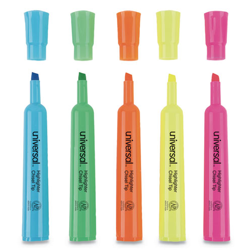 Universal™ wholesale. UNIVERSAL® Desk Highlighters, Chisel Tip, Assorted Colors, 5-set. HSD Wholesale: Janitorial Supplies, Breakroom Supplies, Office Supplies.
