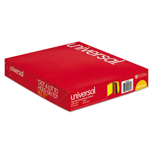 Universal® wholesale. UNIVERSAL® Bright Colored Pressboard Classification Folders, 2 Dividers, Letter Size, Yellow, 10-box. HSD Wholesale: Janitorial Supplies, Breakroom Supplies, Office Supplies.