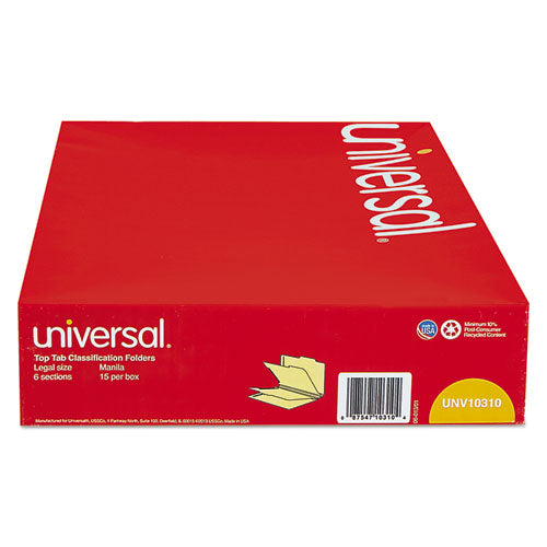 Universal® wholesale. UNIVERSAL® Six-section Classification Folders, 2 Dividers, Legal Size, Manila, 15-box. HSD Wholesale: Janitorial Supplies, Breakroom Supplies, Office Supplies.