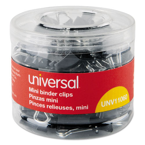 Universal® wholesale. UNIVERSAL Binder Clips In Dispenser Tub, Mini, Black-silver, 60-pack. HSD Wholesale: Janitorial Supplies, Breakroom Supplies, Office Supplies.