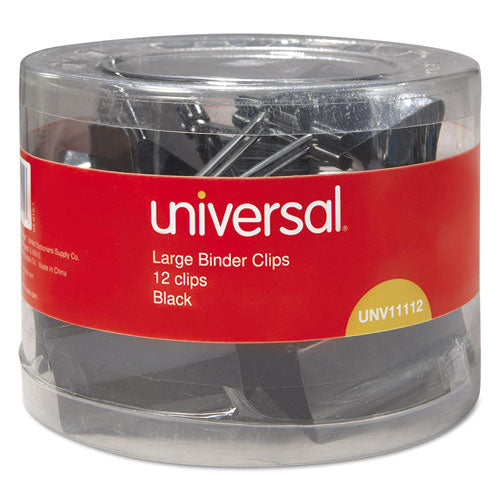 Universal® wholesale. UNIVERSAL Binder Clips In Dispenser Tub, Large, Black-silver, 12-pack. HSD Wholesale: Janitorial Supplies, Breakroom Supplies, Office Supplies.