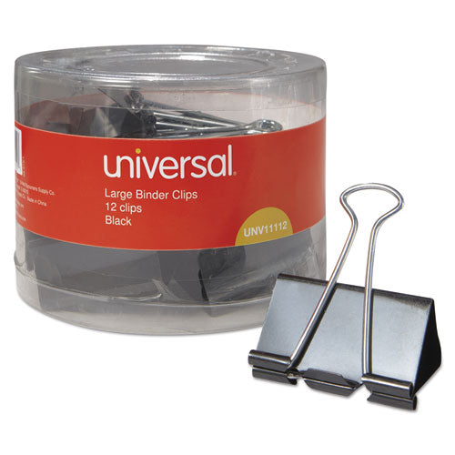 Universal® wholesale. UNIVERSAL Binder Clips In Dispenser Tub, Large, Black-silver, 12-pack. HSD Wholesale: Janitorial Supplies, Breakroom Supplies, Office Supplies.