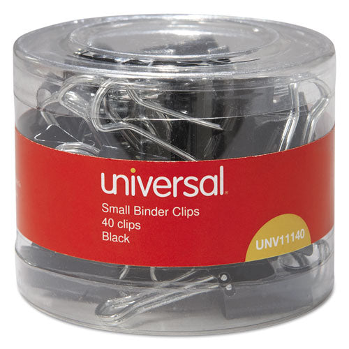 Universal® wholesale. UNIVERSAL Binder Clips In Dispenser Tub, Small, Black-silver, 40-pack. HSD Wholesale: Janitorial Supplies, Breakroom Supplies, Office Supplies.