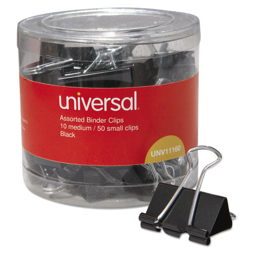 Universal® wholesale. UNIVERSAL Binder Clips In Dispenser Tub, Assorted Sizes, Black-silver, 60-pack. HSD Wholesale: Janitorial Supplies, Breakroom Supplies, Office Supplies.