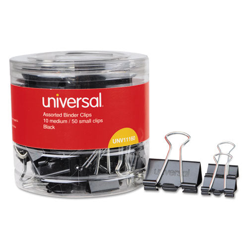 Universal® wholesale. UNIVERSAL Binder Clips In Dispenser Tub, Assorted Sizes, Black-silver, 60-pack. HSD Wholesale: Janitorial Supplies, Breakroom Supplies, Office Supplies.