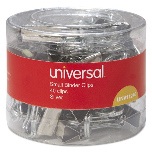 Universal® wholesale. UNIVERSAL Binder Clips In Dispenser Tub, Small, Silver, 40-pack. HSD Wholesale: Janitorial Supplies, Breakroom Supplies, Office Supplies.