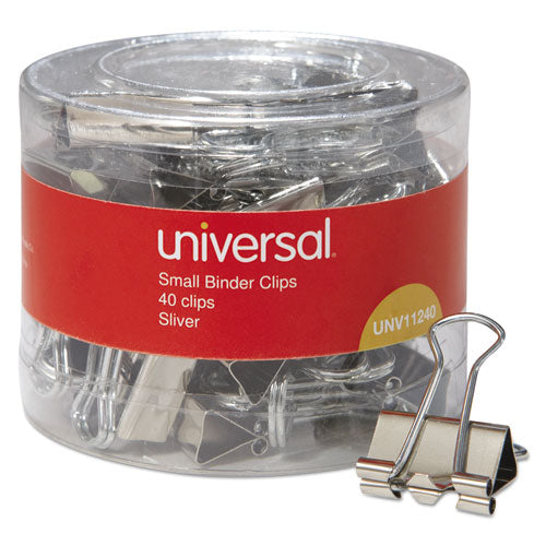 Universal® wholesale. UNIVERSAL Binder Clips In Dispenser Tub, Small, Silver, 40-pack. HSD Wholesale: Janitorial Supplies, Breakroom Supplies, Office Supplies.