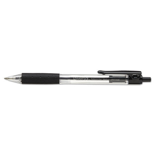Universal™ wholesale. UNIVERSAL® Comfort Grip Retractable Ballpoint Pen, 1mm, Black Ink, Clear Barrel, Dozen. HSD Wholesale: Janitorial Supplies, Breakroom Supplies, Office Supplies.