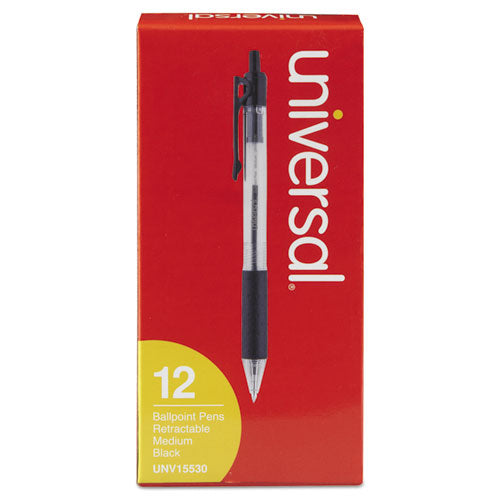 Universal™ wholesale. UNIVERSAL® Comfort Grip Retractable Ballpoint Pen, 1mm, Black Ink, Clear Barrel, Dozen. HSD Wholesale: Janitorial Supplies, Breakroom Supplies, Office Supplies.