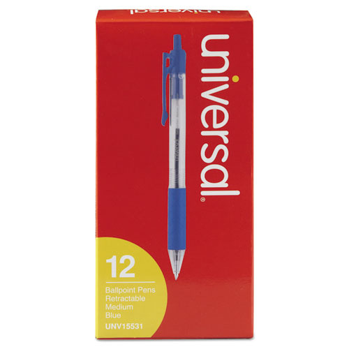 Universal™ wholesale. UNIVERSAL® Comfort Grip Retractable Ballpoint Pen, 1mm, Blue Ink, Clear Barrel, Dozen. HSD Wholesale: Janitorial Supplies, Breakroom Supplies, Office Supplies.