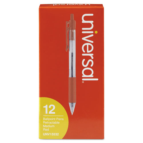 Universal™ wholesale. UNIVERSAL® Comfort Grip Retractable Ballpoint Pen, Medium 1mm, Red Ink, Clear Barrel, Dozen. HSD Wholesale: Janitorial Supplies, Breakroom Supplies, Office Supplies.