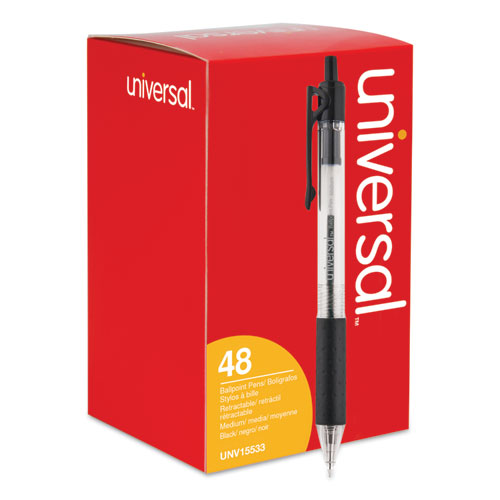 Universal™ wholesale. UNIVERSAL® Comfort Grip Retractable Ballpoint Pen, 1mm, Black Ink, Clear Barrel, 48-set. HSD Wholesale: Janitorial Supplies, Breakroom Supplies, Office Supplies.