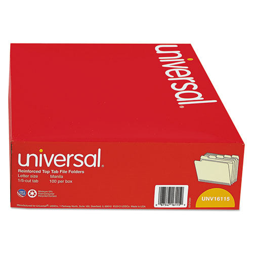 Universal® wholesale. UNIVERSAL® Double-ply Top Tab Manila File Folders, 1-5-cut Tabs, Letter Size, 100-box. HSD Wholesale: Janitorial Supplies, Breakroom Supplies, Office Supplies.