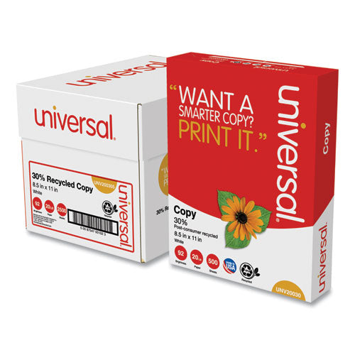 Universal® wholesale. UNIVERSAL 30% Recycled Copy Paper, 92 Bright, 20 Lb, 8.5 X 11, White, 500 Sheets-ream, 5 Reams-carton. HSD Wholesale: Janitorial Supplies, Breakroom Supplies, Office Supplies.