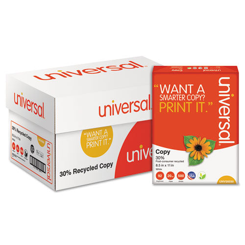 Universal® wholesale. UNIVERSAL 30% Recycled Copy Paper, 92 Bright, 20 Lb, 8.5 X 11, White, 500 Sheets-ream, 10 Reams-carton. HSD Wholesale: Janitorial Supplies, Breakroom Supplies, Office Supplies.