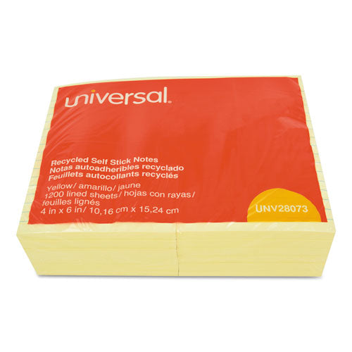 Universal® wholesale. UNIVERSAL® Recycled Self-stick Note Pads, Lined, 4 X 6, Yellow, 100-sheet, 12-pack. HSD Wholesale: Janitorial Supplies, Breakroom Supplies, Office Supplies.