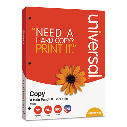 Universal® wholesale. UNIVERSAL® Copy Paper, 92 Bright, 3-hole, 20 Lb, 8.5 X 11, White, 500 Sheets-ream, 10 Reams-carton. HSD Wholesale: Janitorial Supplies, Breakroom Supplies, Office Supplies.