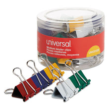 Load image into Gallery viewer, Universal® wholesale. UNIVERSAL Binder Clips In Dispenser Tub, Medium, Assorted Colors, 24-pack. HSD Wholesale: Janitorial Supplies, Breakroom Supplies, Office Supplies.