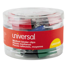 Load image into Gallery viewer, Universal® wholesale. UNIVERSAL Binder Clips In Dispenser Tub, Medium, Assorted Colors, 24-pack. HSD Wholesale: Janitorial Supplies, Breakroom Supplies, Office Supplies.