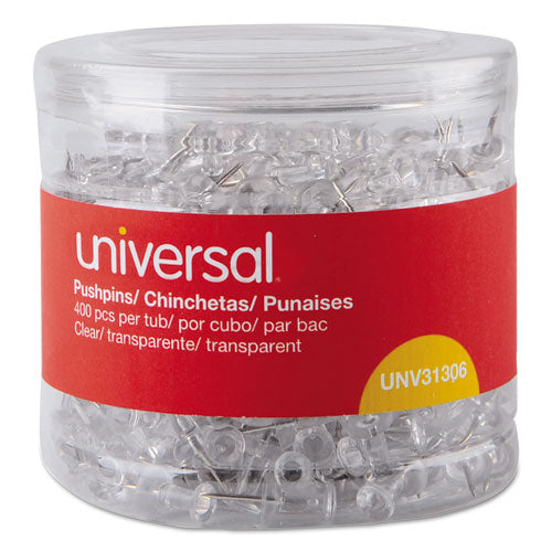 Universal® wholesale. UNIVERSAL® Clear Push Pins, Plastic, 3-8", 400-pack. HSD Wholesale: Janitorial Supplies, Breakroom Supplies, Office Supplies.