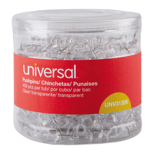 Universal® wholesale. UNIVERSAL® Clear Push Pins, Plastic, 3-8", 400-pack. HSD Wholesale: Janitorial Supplies, Breakroom Supplies, Office Supplies.