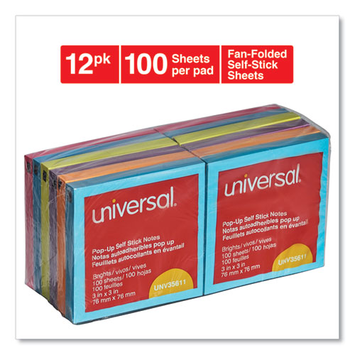 Universal® wholesale. UNIVERSAL® Fan-folded Self-stick Pop-up Note Pads, 3 X 3, Assorted Bright, 100-sheet, 12-pk. HSD Wholesale: Janitorial Supplies, Breakroom Supplies, Office Supplies.