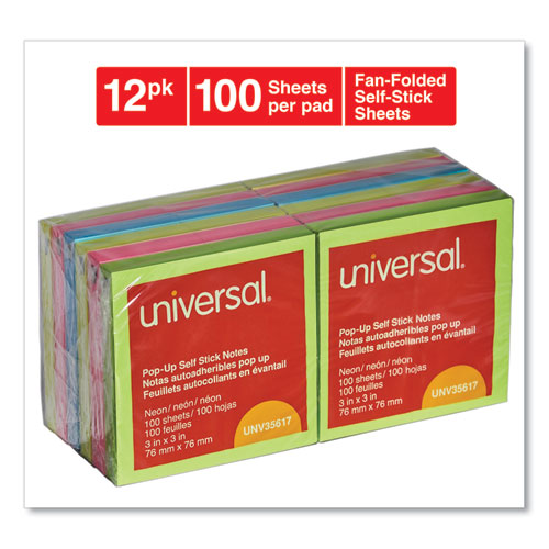 Universal® wholesale. UNIVERSAL® Fan-folded Self-stick Pop-up Notes, 3 X 3, Assorted Neon-yellow, 100sheet, 12-pk. HSD Wholesale: Janitorial Supplies, Breakroom Supplies, Office Supplies.