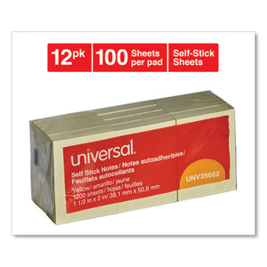 Universal® wholesale. UNIVERSAL® Self-stick Note Pads, 1 1-2 X 2, Yellow, 12 100-sheet-pack. HSD Wholesale: Janitorial Supplies, Breakroom Supplies, Office Supplies.