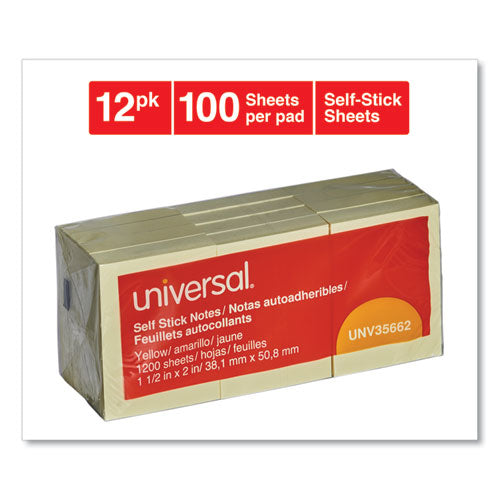 Universal® wholesale. UNIVERSAL® Self-stick Note Pads, 1 1-2 X 2, Yellow, 12 100-sheet-pack. HSD Wholesale: Janitorial Supplies, Breakroom Supplies, Office Supplies.
