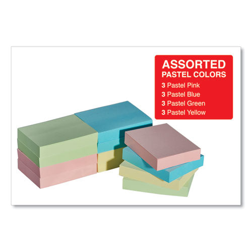 Universal® wholesale. UNIVERSAL® Self-stick Note Pads, 1 1-2 X 2, Assorted Pastel Colors, 100-sheet, 12-pack. HSD Wholesale: Janitorial Supplies, Breakroom Supplies, Office Supplies.