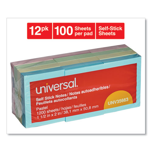 Universal® wholesale. UNIVERSAL® Self-stick Note Pads, 1 1-2 X 2, Assorted Pastel Colors, 100-sheet, 12-pack. HSD Wholesale: Janitorial Supplies, Breakroom Supplies, Office Supplies.