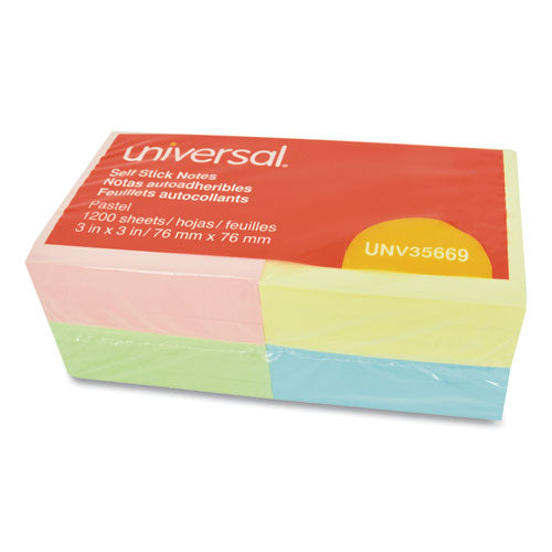 Universal® wholesale. UNIVERSAL® Self-stick Note Pads, 3 X 3, Assorted Pastel Colors, 100-sheet, 12-pack. HSD Wholesale: Janitorial Supplies, Breakroom Supplies, Office Supplies.