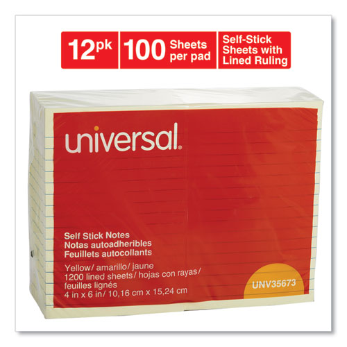 Universal® wholesale. UNIVERSAL® Self-stick Note Pads, Lined, 4 X 6, Yellow, 100-sheet, 12-pack. HSD Wholesale: Janitorial Supplies, Breakroom Supplies, Office Supplies.