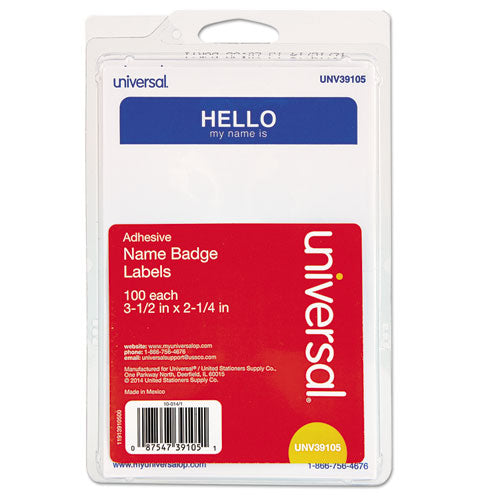 Universal® wholesale. UNIVERSAL "hello" Self-adhesive Name Badges, 3 1-2 X 2 1-4, White-blue, 100-pack. HSD Wholesale: Janitorial Supplies, Breakroom Supplies, Office Supplies.