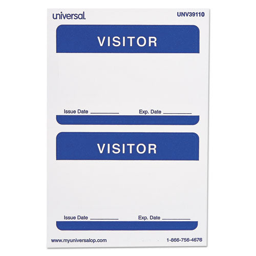Universal® wholesale. UNIVERSAL "visitor" Self-adhesive Name Badges, 3 1-2 X 2 1-4, White-blue, 100-pack. HSD Wholesale: Janitorial Supplies, Breakroom Supplies, Office Supplies.