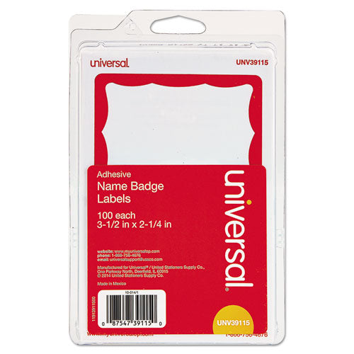 Universal® wholesale. UNIVERSAL® Border-style Self-adhesive Name Badges, 3 1-2 X 2 1-4, White-red, 100-pack. HSD Wholesale: Janitorial Supplies, Breakroom Supplies, Office Supplies.