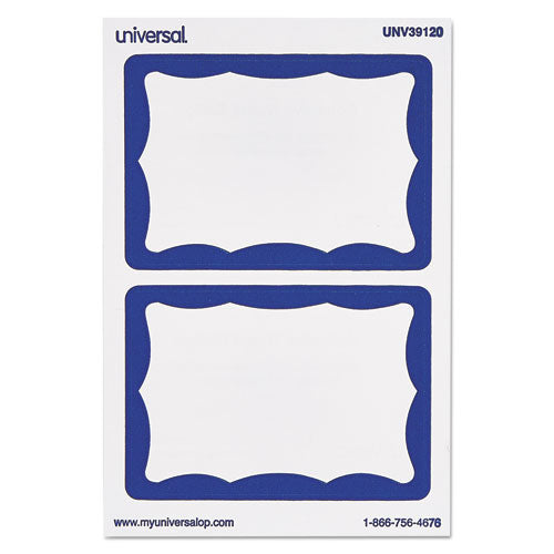 Universal® wholesale. UNIVERSAL® Border-style Self-adhesive Name Badges, 3 1-2 X 2 1-4, White-blue, 100-pack. HSD Wholesale: Janitorial Supplies, Breakroom Supplies, Office Supplies.