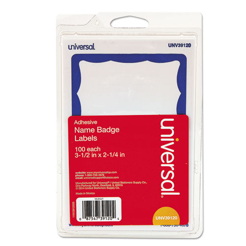 Universal® wholesale. UNIVERSAL® Border-style Self-adhesive Name Badges, 3 1-2 X 2 1-4, White-blue, 100-pack. HSD Wholesale: Janitorial Supplies, Breakroom Supplies, Office Supplies.