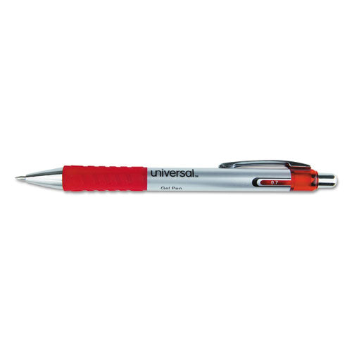 Universal™ wholesale. UNIVERSAL® Comfort Grip Retractable Gel Pen, Medium 0.7mm, Red Ink, Silver Barrel, Dozen. HSD Wholesale: Janitorial Supplies, Breakroom Supplies, Office Supplies.