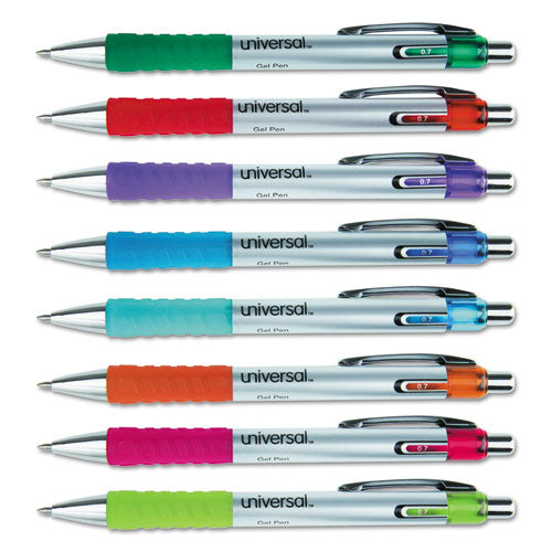Universal™ wholesale. UNIVERSAL® Comfort Grip Retractable Gel Pen, 0.7mm, Assorted Ink, Silver Barrel, 8-set. HSD Wholesale: Janitorial Supplies, Breakroom Supplies, Office Supplies.